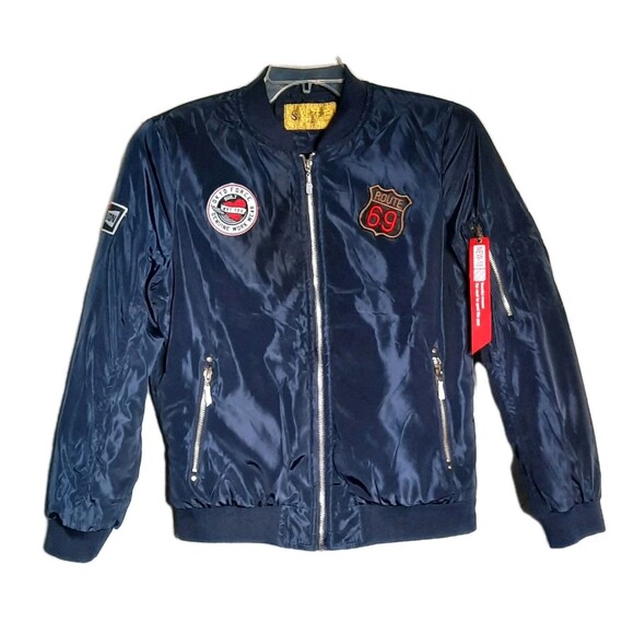 New Supernova Navy Blue Satin Bomber Jacket w/Patches  Women Size Medium NWOT - Picture 1 of 2